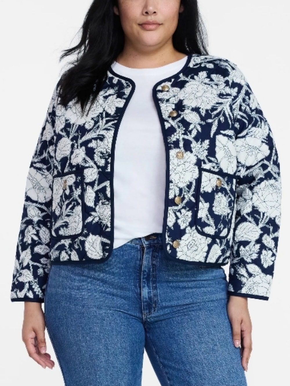 Time and Tru 100% Cotton Navy Floral Quilted Button-Front Jacket Cottagecore XXL